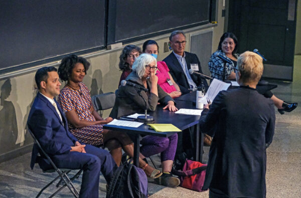 CGR Director Linda Griffith moderates an expert panel at the Fall 2022 MIT event. Panelists L-R: Peter Movilla, Nyia Noel, Chris Bobel, Stacey Missmer, Aleshia Carlsen-Bryan, Keith Isaacson, and Tavneet Suri. Photo: Sarah Aprea