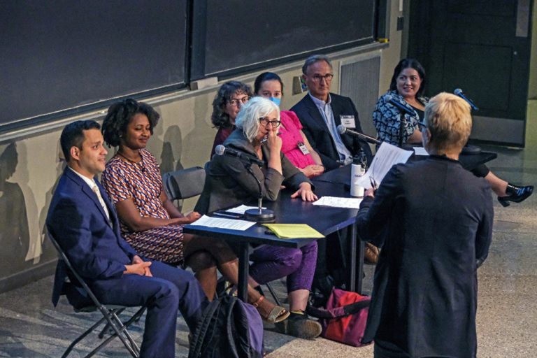 CGR Director Linda Griffith moderates an expert panel at the Fall 2022 MIT event. Panelists L-R: Peter Movilla, Nyia Noel, Chris Bobel, Stacey Missmer, Aleshia Carlsen-Bryan, Keith Isaacson, and Tavneet Suri. Photo: Sarah Aprea